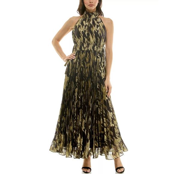 Taylor Dresses & Skirts - Taylor Women Black/Lurex Gold Sunburst Pleated Mock Neck Maxi Dress Size 4